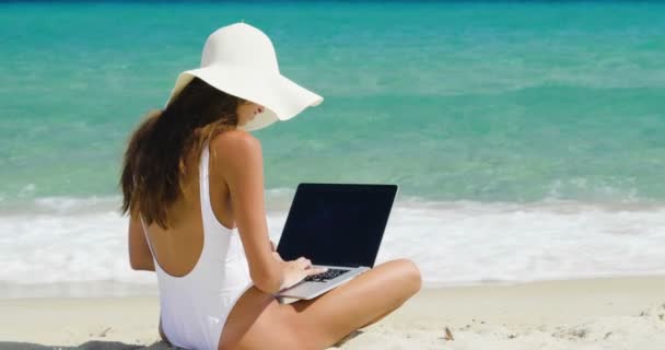 Câmera Lenta Vídeo Mulher Sentada Praia Usando Laptop Vista Traseira — Vídeo de Stock