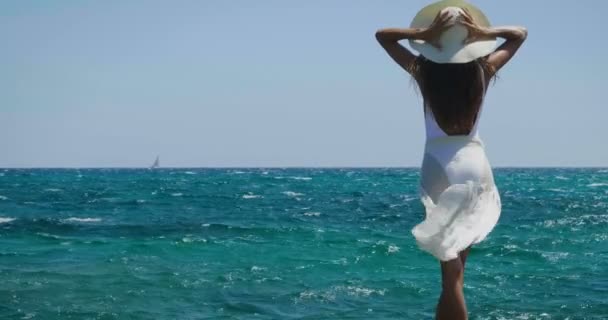 后面的视频美丽的女人穿着白色的泳装和帕雷奥 站在海水 — 图库视频影像