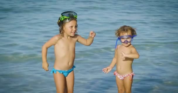 两个女孩在海滩上度假 一起在海滩上玩 作为两个朋友 玩得很开心 — 图库视频影像