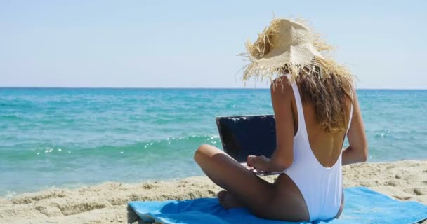 Achteraanzicht Van Vrouw Zittend Het Strand Met Behulp Van Laptop — Stockvideo