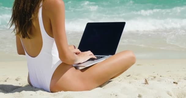 Vídeo Câmera Lenta Mulher Sorridente Feliz Sentada Praia Usando Laptop — Vídeo de Stock