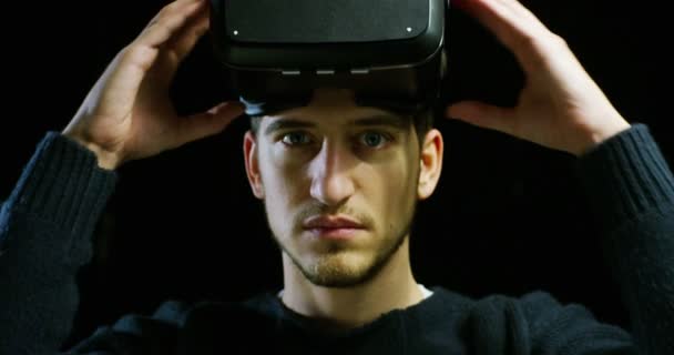 Young Nice Man Using Reality Life Oculus Augmented Reality Technology — Stock Video