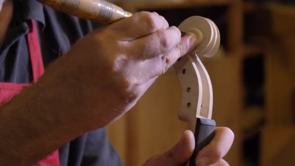 Professional Violin Master Makes Violin His Own Hands Uses Clean — Stock Video