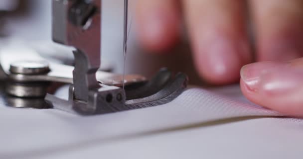 Super Slow Motion Professional Sewing Machine Stitching White Thread Italian — стоковое видео