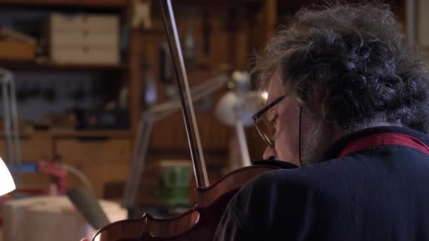 Maître Violon Professionnel Fait Violon Ses Propres Mains Utilise Une — Video