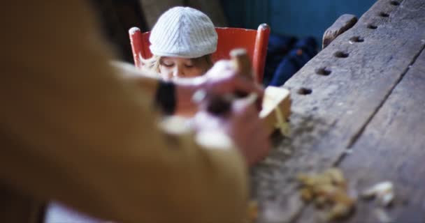 Una Antigua Carpintería Niño Abuelo Jugando Con Concepto Avión Madera — Vídeos de Stock