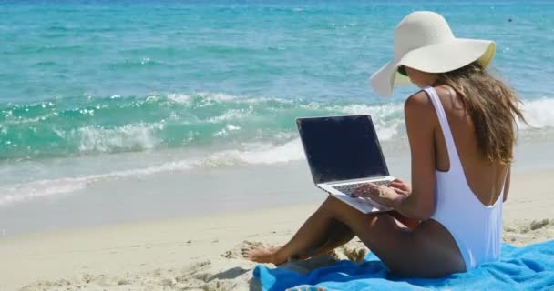 Video Rallentatore Donna Seduta Sulla Spiaggia Utilizzando Computer Portatile — Video Stock