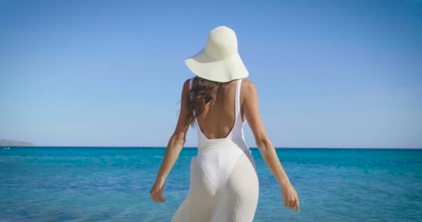 海で水の美しい女性の身に着けている白い水着とパレオと立ちバック プロフィール ビデオ — ストック動画