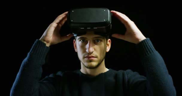 Young Nice Man Using Reality Life Oculus Augmented Reality Technology — Stock Video