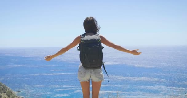 Vídeo Mulher Viajante Feliz Com Mochila Oceano — Vídeo de Stock