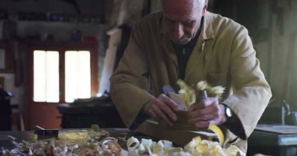 Een Oude Timmerwerk Ouderling Werkt Het Hout Met Traditionele Instrumenten — Stockvideo