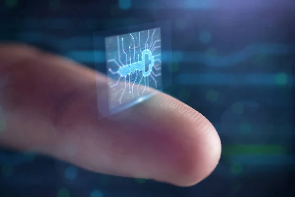 Makroaufnahme Des Fingerabdrucks Angelehnt Kontrollglas Für Biometrischen Scan Konzept Der — Stockfoto