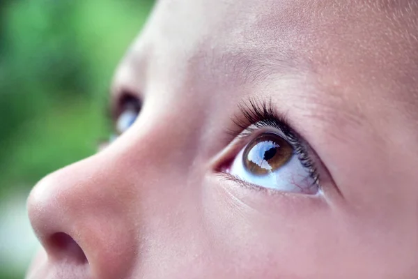 Menutup Mata Seorang Gadis Kecil Melihat Langit Dengan Taman Latar — Stok Foto
