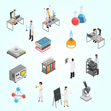 İzometrik tıp laboratuarı. Tıp merkezindeki insanların 3 boyutlu laboratuvar çizimi.