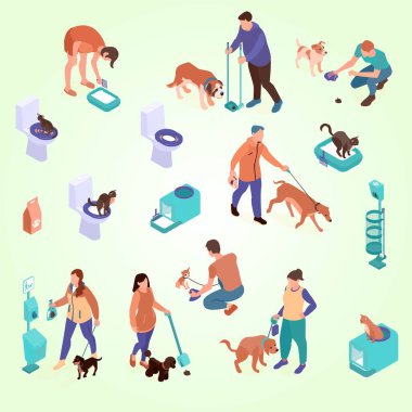 Köpekleri olan insanlar, evcil hayvan dükkanı, vektör illüstrasyonu.