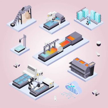 Üretim ekipmanlarıyla taşıma bandı ve taşıyıcı vektör illüstrasyonuyla endüstriyel fabrikanın 3D izometrik bileşimi