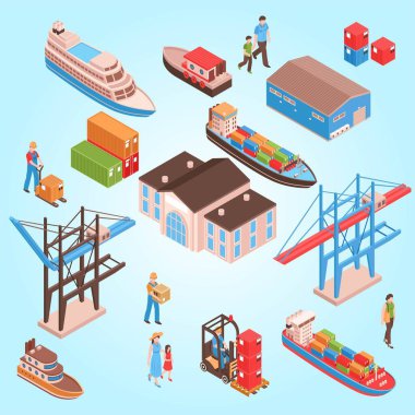 İzometrik şehir vektör simgeleri kümesi. Şehrin, geminin, teknenin, trenin vektör çizimi