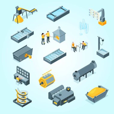 İzometrik fabrika konsepti çimen endüstriyel yangın insanları 3D