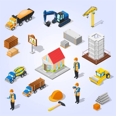 Kamyon, depo ve vinç vektör ilüstrasyonlu 3 boyutlu izometrik düz simgeler