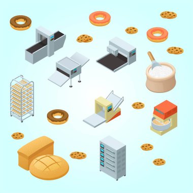 3 d izometrik vektör seti fırın, fırın, dükkan, fırın, pasta, fırın, yemek.