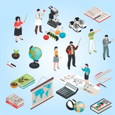 İzometrik 3 boyutlu eğitim konsepti. düz vektör illüstrasyonu.