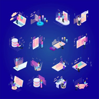 İzometrik konsept. Bilgisayar, online alışveriş ve internet üzerinde çalışan insanların vektör illüstrasyonu.