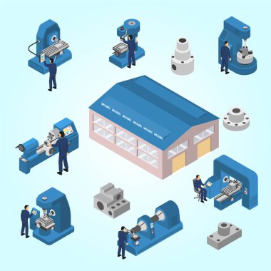 İzole edilmiş 3 boyutlu vektör illüstrasyonlu izometrik fabrika bileşimi insan karakterleri vektör illüstrasyonu