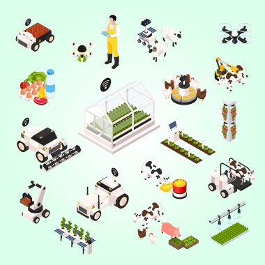 Çiftçilik ikonları izometrik vektör belirledi. Çiftçilik. tarım tarımı