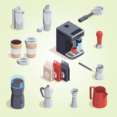 kahve makinesi izometrik 3 boyutlu vektör çizimi beyaz arkaplanda izole edildi