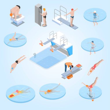 Yüzme havuzunda farklı aktiviteler yapan bir grup insan.