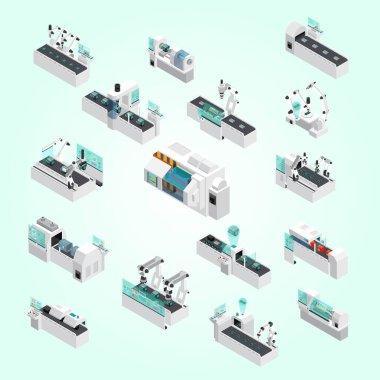 Fabrika üretim izometrik bileşimi taşıyıcı şerit illüstrasyonlu fabrika ekipmanı