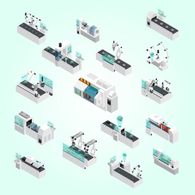 İzometrik fabrika yapımı 3D otomatik modern makine