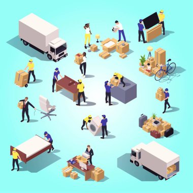 Depoda çalışan izometrik insanların düz tasarım konsepti