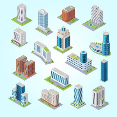 İzometrik vektör şehir binaları. Şehir ve gökdelen. Binaları olan gökdelenler. şehir merkezi.