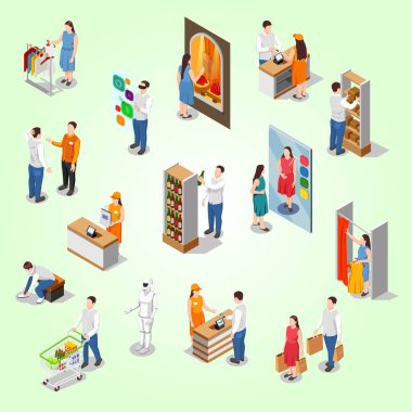 Depo servisi izometrik kompozisyonu. Depoda teslimat sembolleri ve ürün vektör çizimi olan bir adam var.