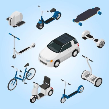 Değişik taşıma araçları olan elektrikli scooter seti. 3d illüstrasyon