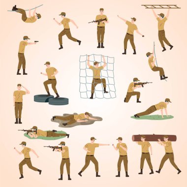 Farklı pozlarda çizgi film karakterleri, vektör çizimleri.