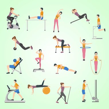 Farklı spor takımları ve egzersiz yapan insanlar.