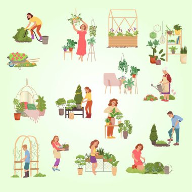 Bitkilerle çalışan insanlar. Bahçede çalışan gençlerle, çiçeklerle, bahçeyle ve bahçeyle uğraşan bitkilerle dolu. Vektör düz çizimi izole edildi