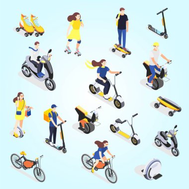 İzometrik 3d izometrik şehir insanları scooterlı, vektör illüstrasyonlu