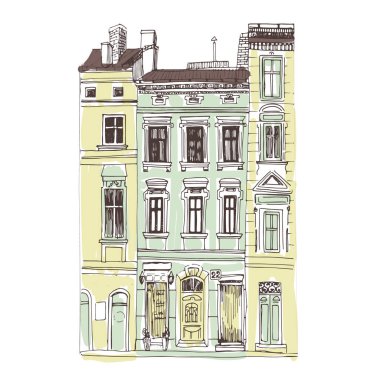 Beyaz arka plan üzerinde izole Avrupa retro ev cephe. Lviv eski şehir evi el çizilmiş kroki.