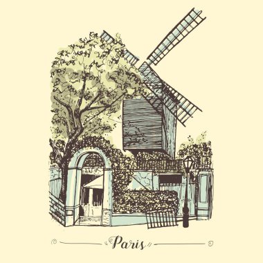  Moulin de la Galette'ye el çizilmiş kroki. Paris ünlü turistik sitesi vektör. Montmartre ilçenin sembolü.
