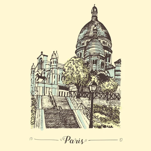 Paris Kutsal Kalp Bazilikası çizilmiş kroki ver. Ünlü Paris tarihi bina. Montmartre popüler turistik sitesi.