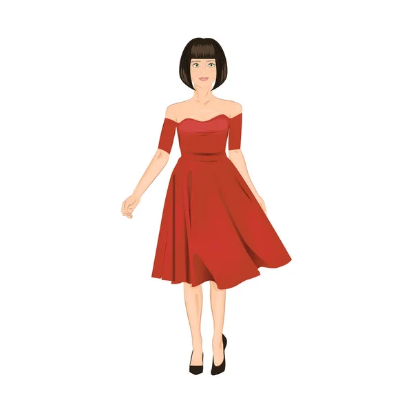 Молодая Брюнетка Красном Платье Изолированы Белом Фоне Красивая Женщина Платье — стоковый вектор