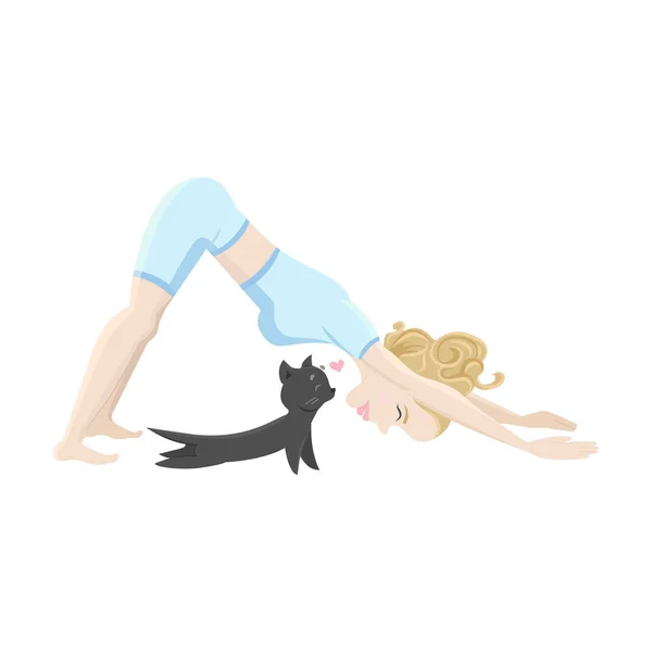 Mujer Rubia Gato Mascota Pie Asana Perro Chica Yoga Pose — Vector de stock