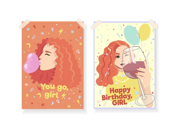 Δύο Ευχετήριες Κάρτες Για Τις Γυναίκες Έννοια Εξουσία Κορίτσι Redheaded — Διανυσματικό Αρχείο