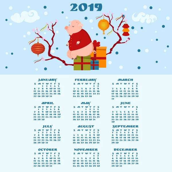 2019 Kalendář Roztomilé Prasátko Sedí Box Dárky Čínský Nový Rok — Stockový vektor