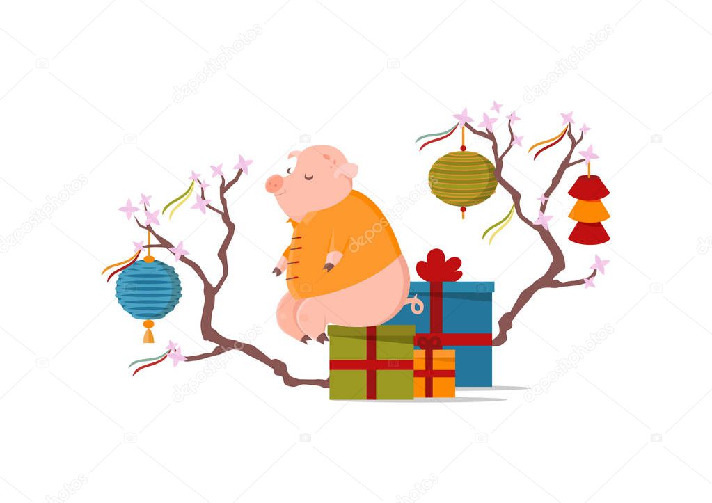 Cute pig sitting on box with gifts. Chinese New Year concept. Blooming tree with festive chinese lanterns and ribbons.
