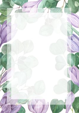 Çiğdem okaliptüs düğün davetiye şablon. El suluboya safran arka plan boyalı. Bahar düğün kavramı.