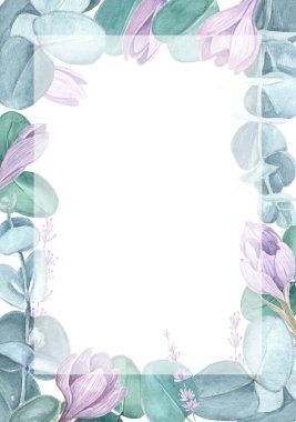 Çiğdem okaliptüs düğün davetiye şablon. El suluboya safran arka plan boyalı. Bahar düğün kavramı.